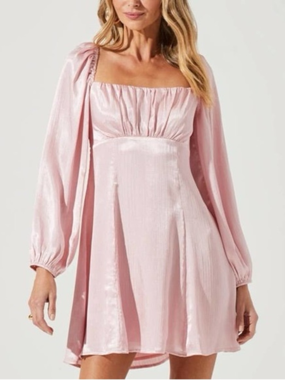 Astr Blush Satin Square-Neck Mini Dress with Puff Sleeves